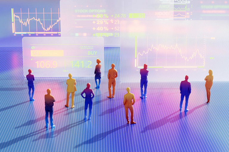 Bright colored silhouettes of people on a colorful background