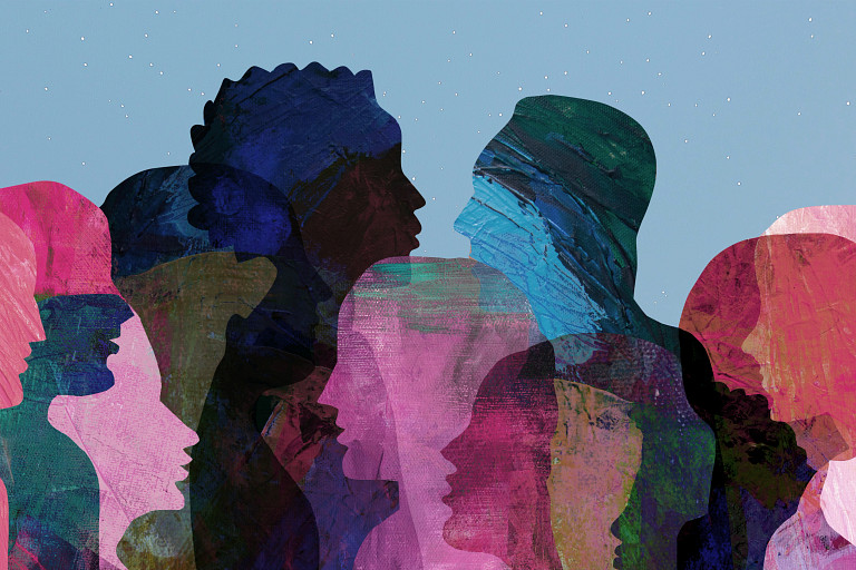 A group of overlapping colorful silhouettes of people facing different directions, set against a light blue background with subtle speckles, symbolizing diversity and interconnectedness.