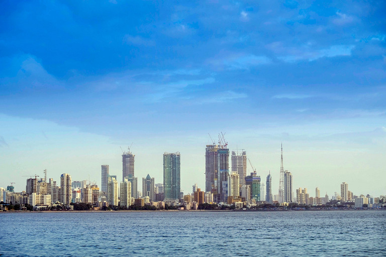 Mumbai skyline and Arabian Sea with blue sky