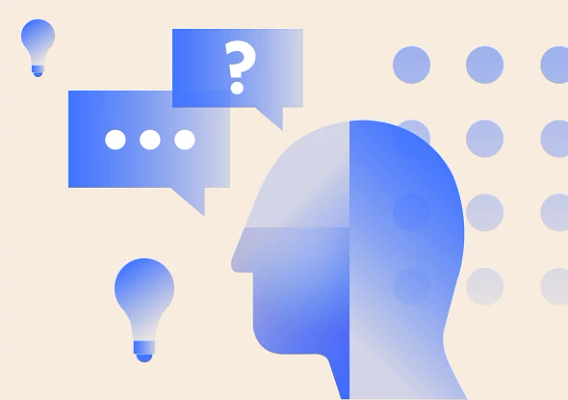 Blue illustrated profile of a face, with illustrations of two lightbulbs, a square with three dots in it (to indicate speech), a square with a question mark in it, and a grid of dots around it. All illustrations are blue, and the background is beige.
